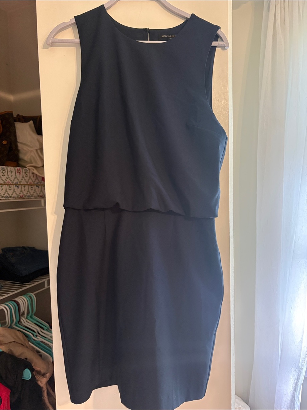 Banana Republic Navy Sleeveless Blouson Sheath Midi Dress